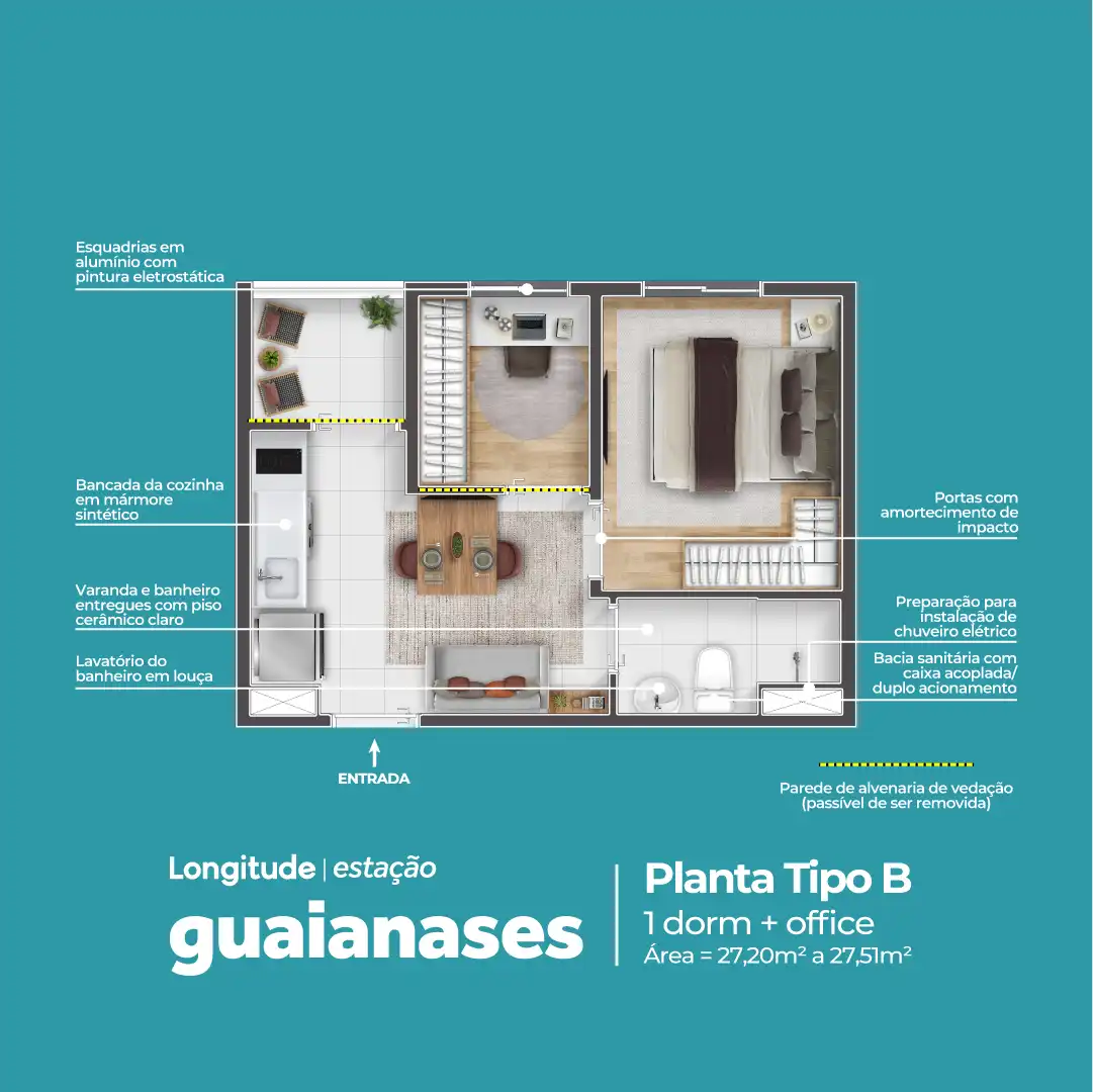 Planta 1 Dormitório + Escritório - Opção 1