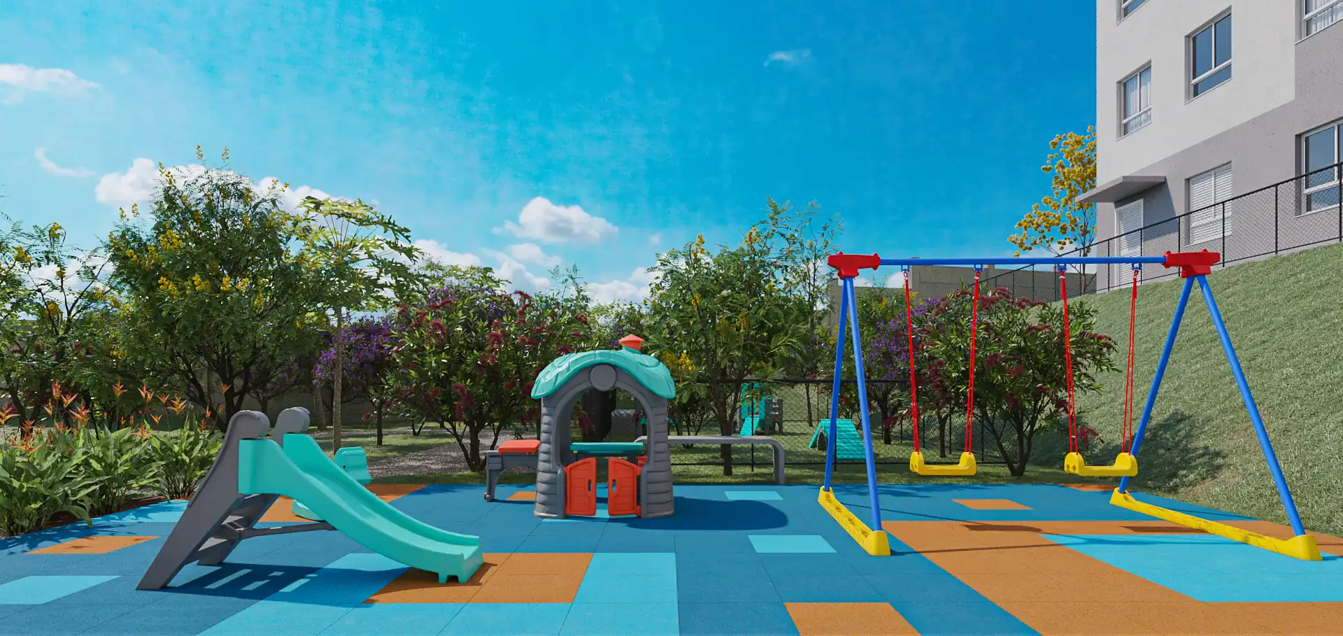 Playground com piso emborrachado, balanços, casinha e escorregador